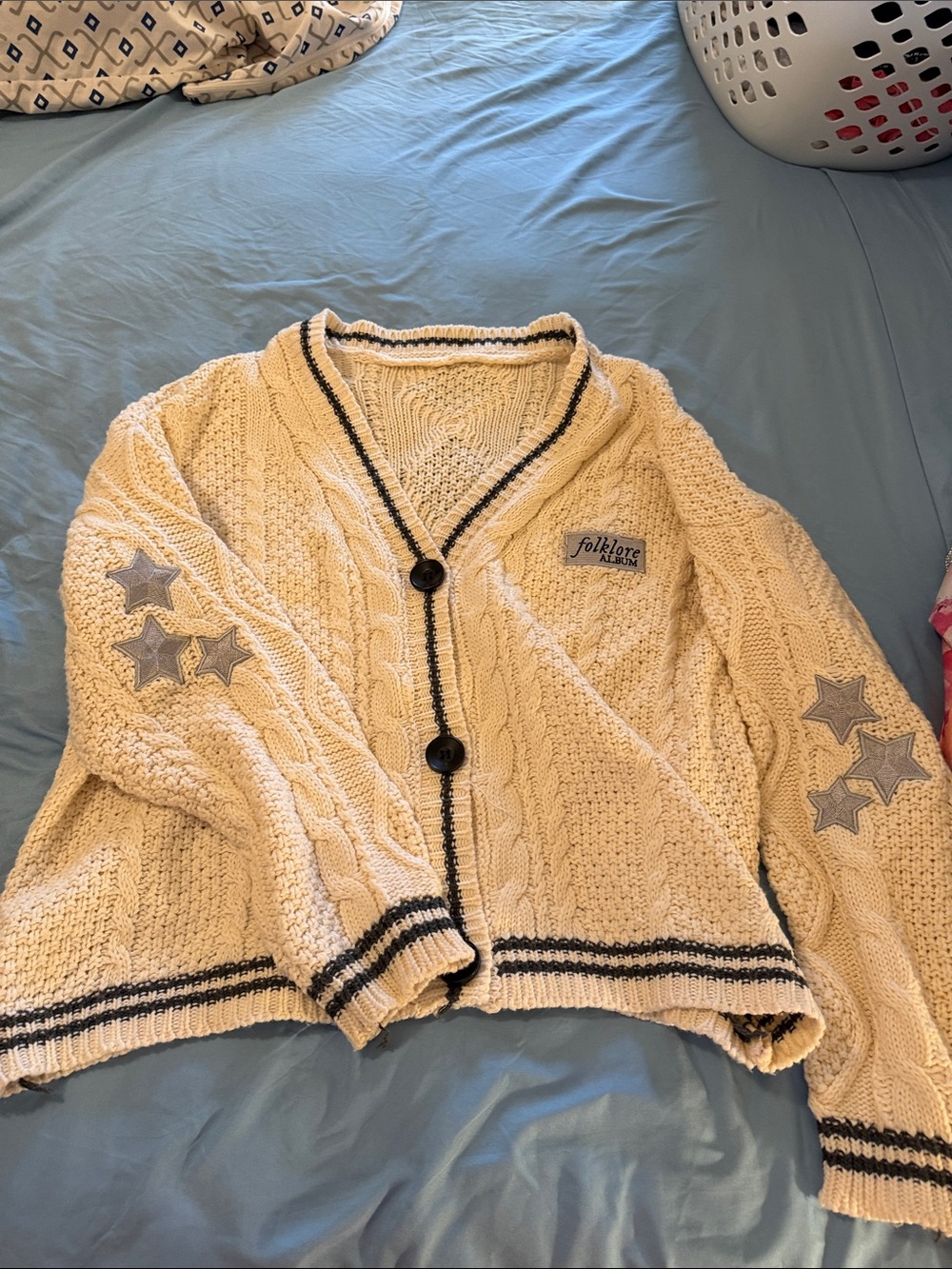 Taylor Swift Folklore Crop Cream Cable-Knit Cardigan Sweater with Star Patches